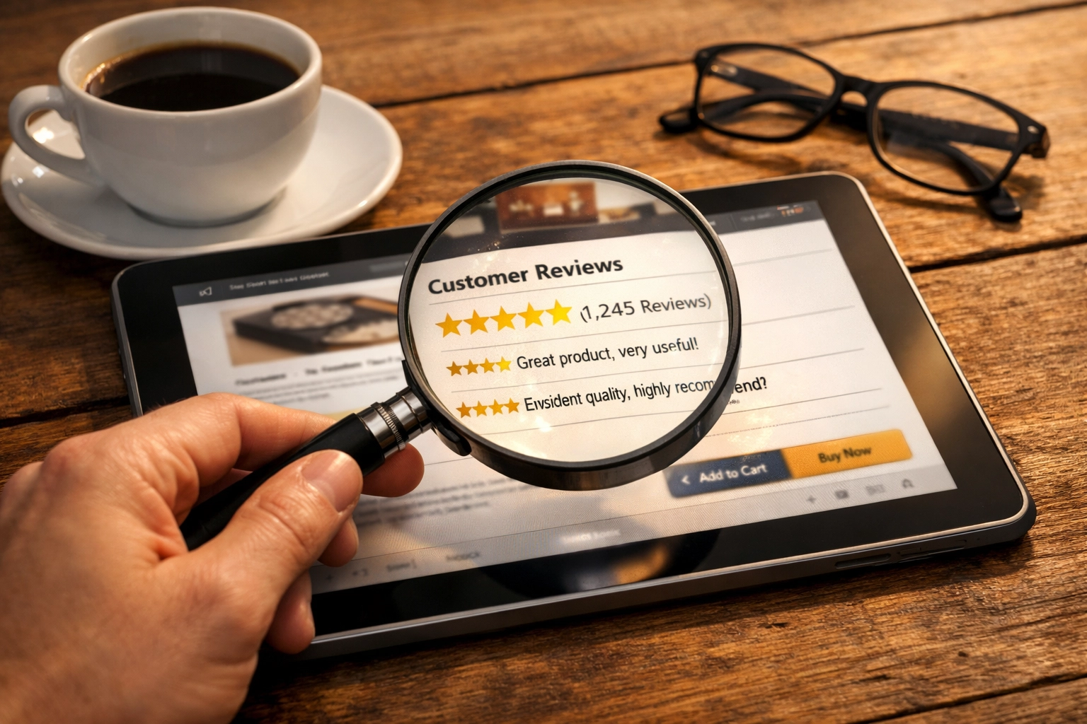 Examining product reviews with magnifying glass on tablet to verify recent customer feedback before buying