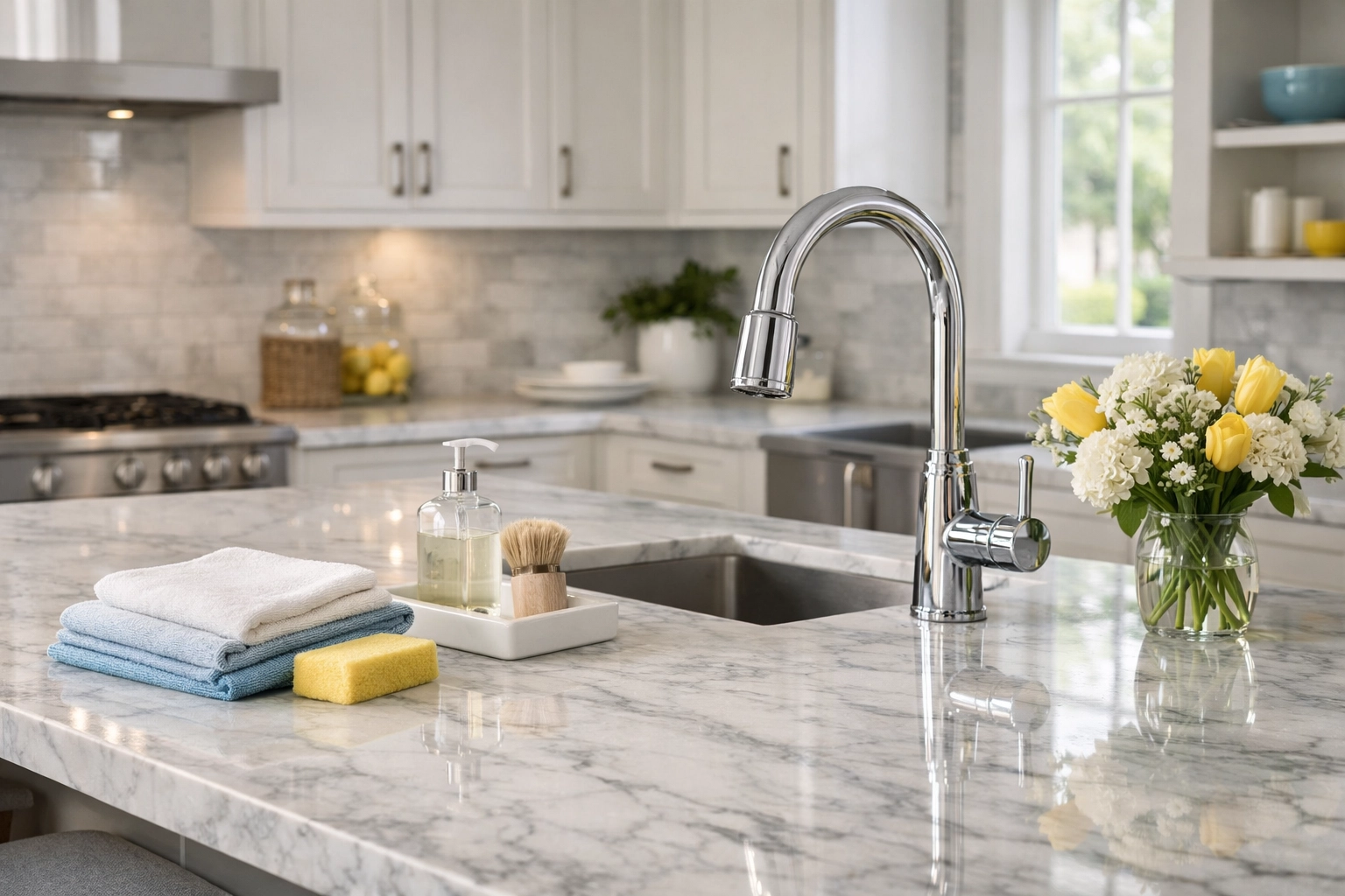 Detailed deep house cleaning in Sudbury MA featuring a polished marble kitchen countertop and chrome faucet.