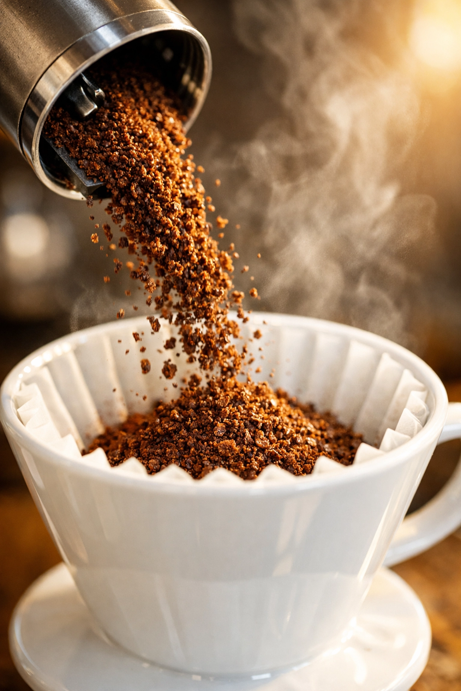 Freshly ground coffee being poured into white pour-over dripper for brewing