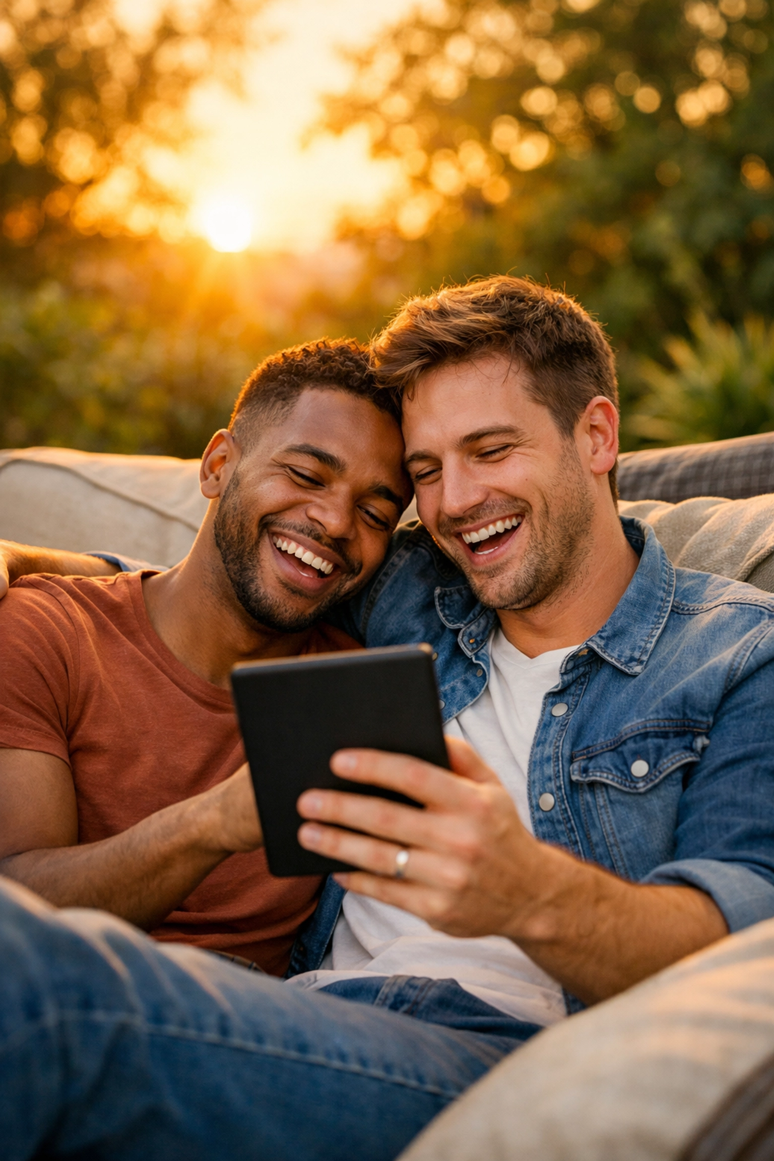 A gay couple reading an MM romance novel together on an e-reader, celebrating authentic gay love stories.