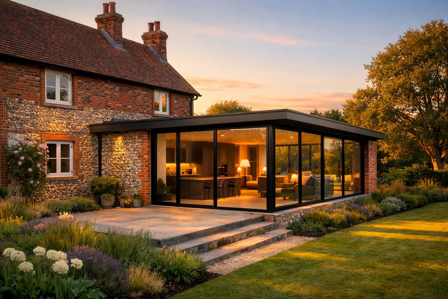 Modern house extension in West Sussex attached to a traditional red-brick home.