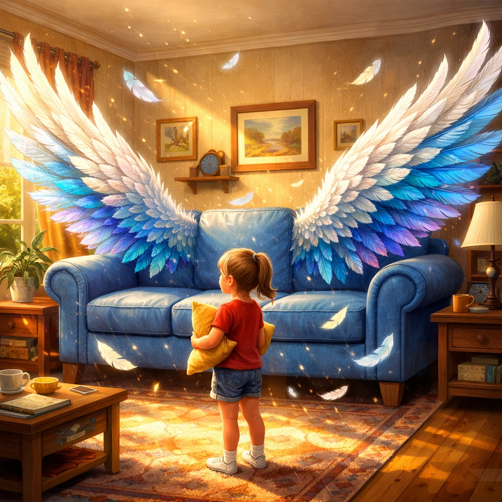 A young girl gazes in awe as her living room sofa sprouts giant wings in a magical realism story.
