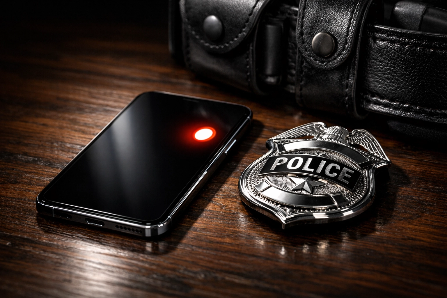 Smartphone notification next to police badge showing mobile recruitment communication