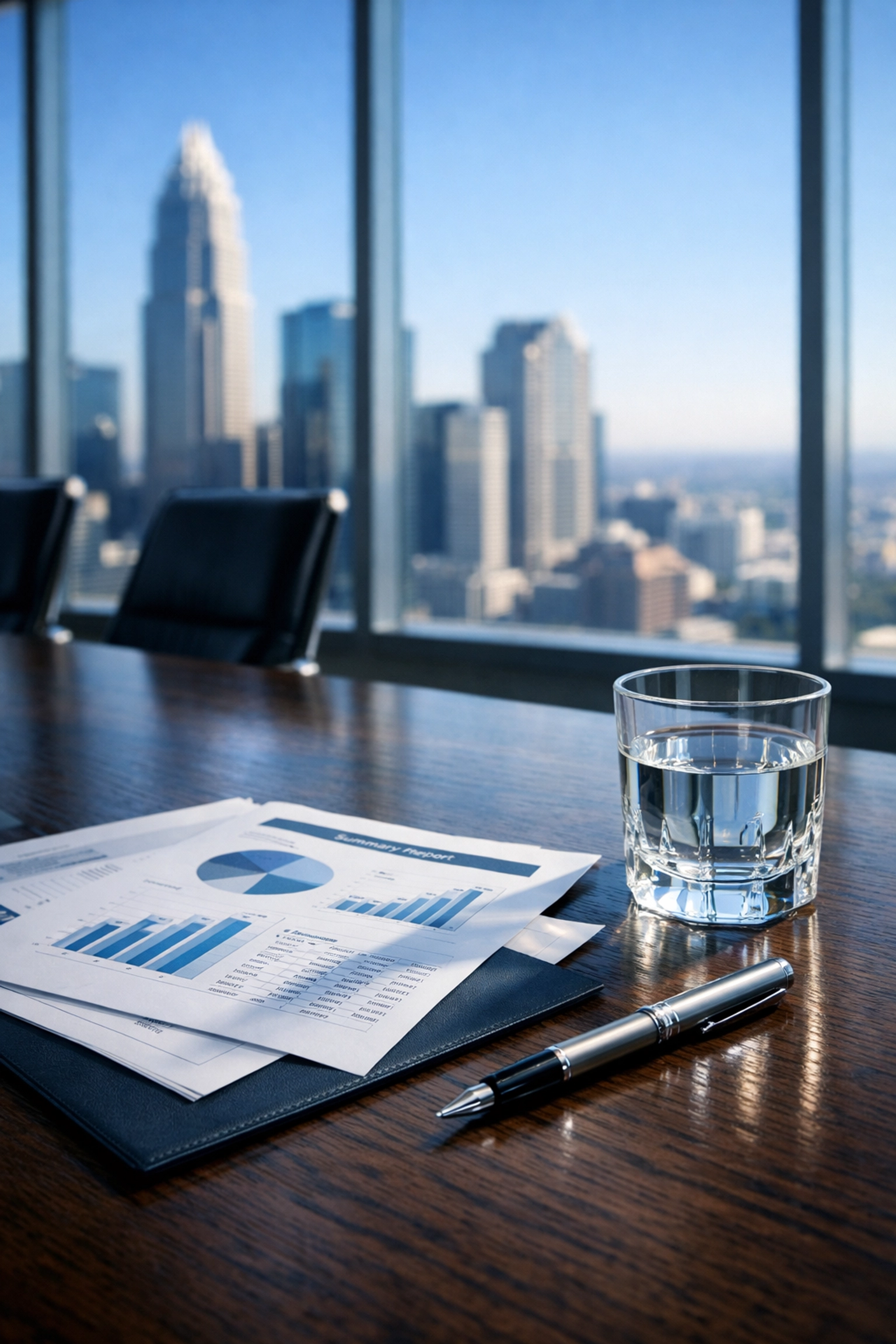 Professional financial reports in a Charlotte boardroom used for NC business valuation and EBITDA analysis.