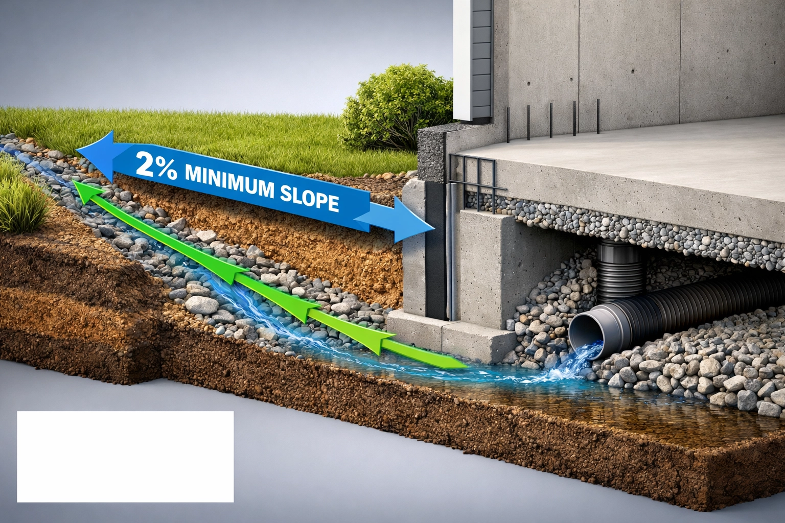 A technical diagram showing the 2% minimum slope for proper lot grading and foundation drainage.