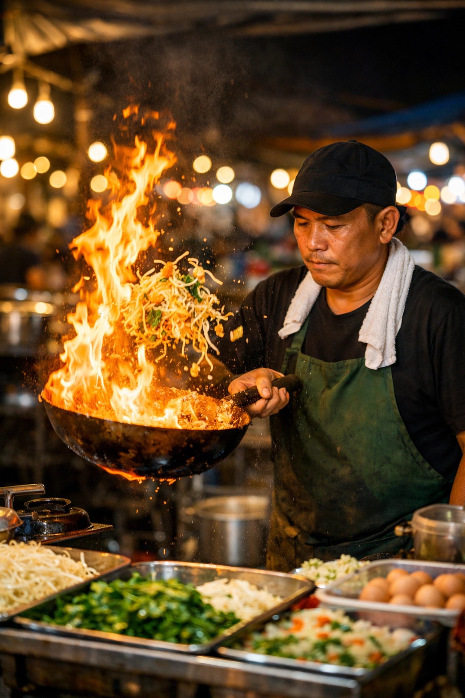 A Thai street food vendor cooks over a flaming wok in a Bangkok night market, offering authentic cheap eats.