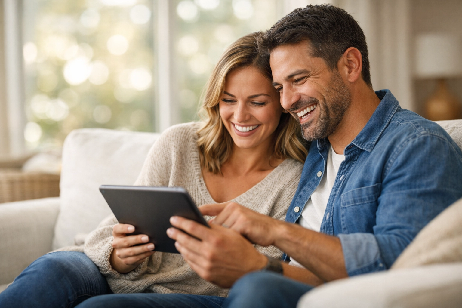 Engaged couple using a tablet to manage digital wedding RSVPs and automate wedding funding.