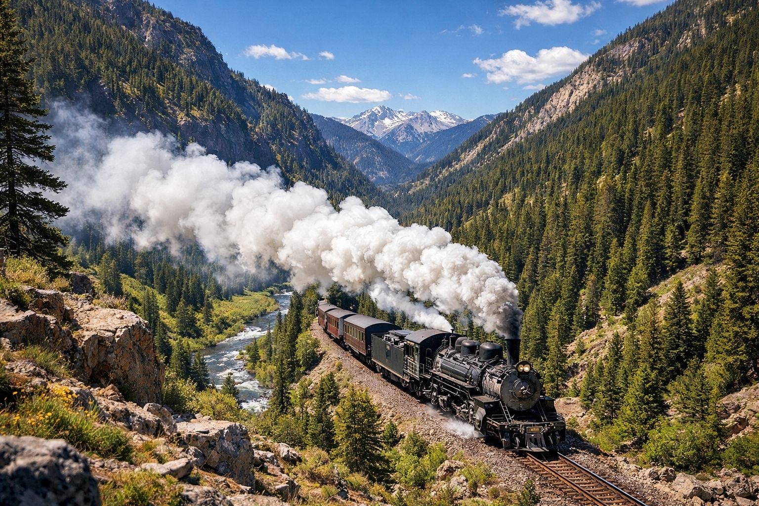 Vintage steam locomotive traveling through a scenic mountain valley in the Colorado Rockies.