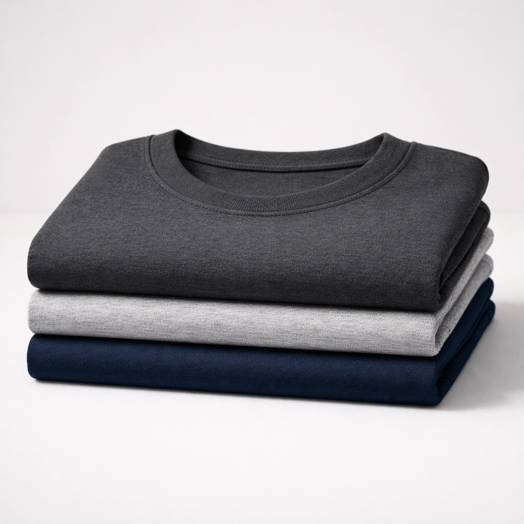 Neatly folded premium ring-spun cotton t-shirts in various colors highlighting high-end apparel quality.