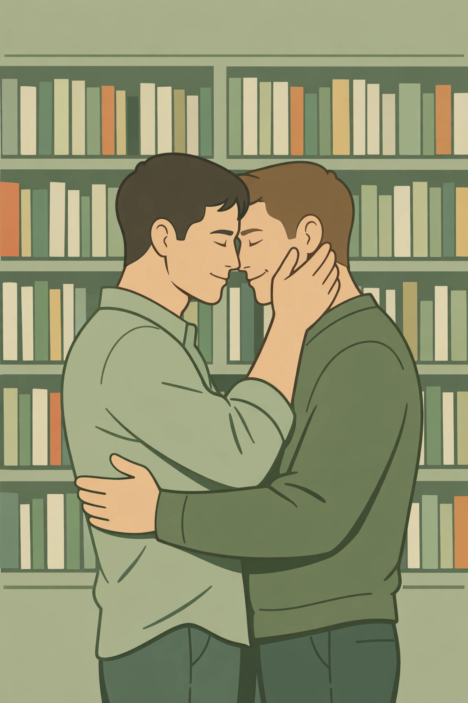 Gay couple embracing by bookshelves representing heartfelt LGBTQ+ romance literature
