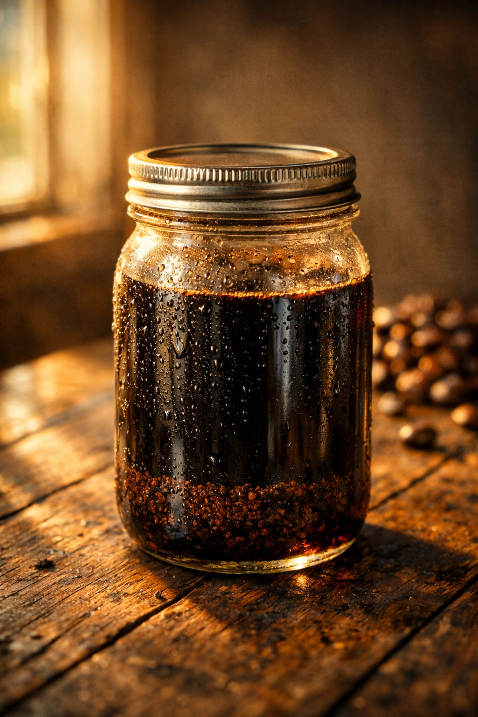 Mason jar filled with cold brew coffee concentrate on rustic table