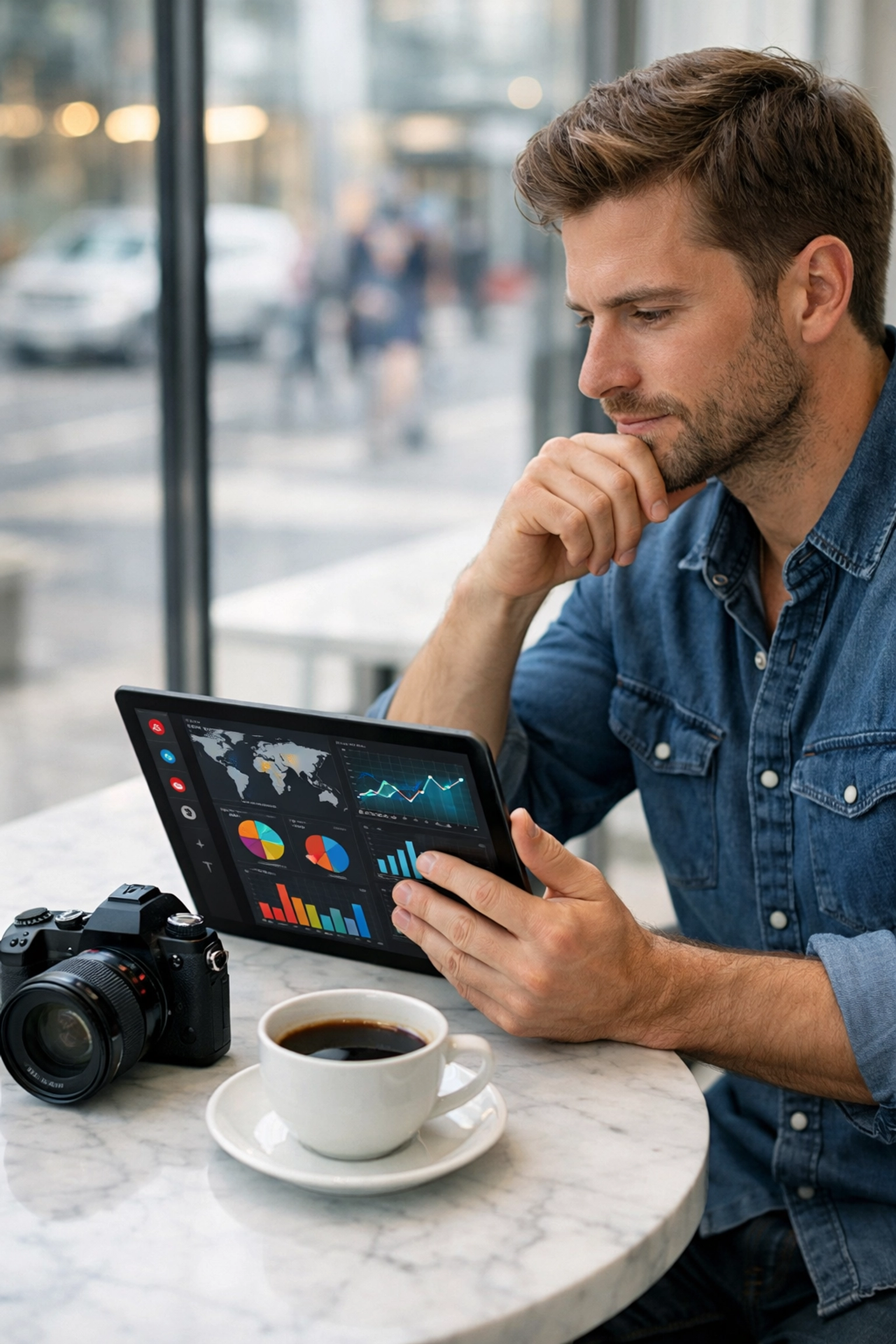 Photographer in a cafe using a tablet to manage automated agentic AI workflows and studio tasks.