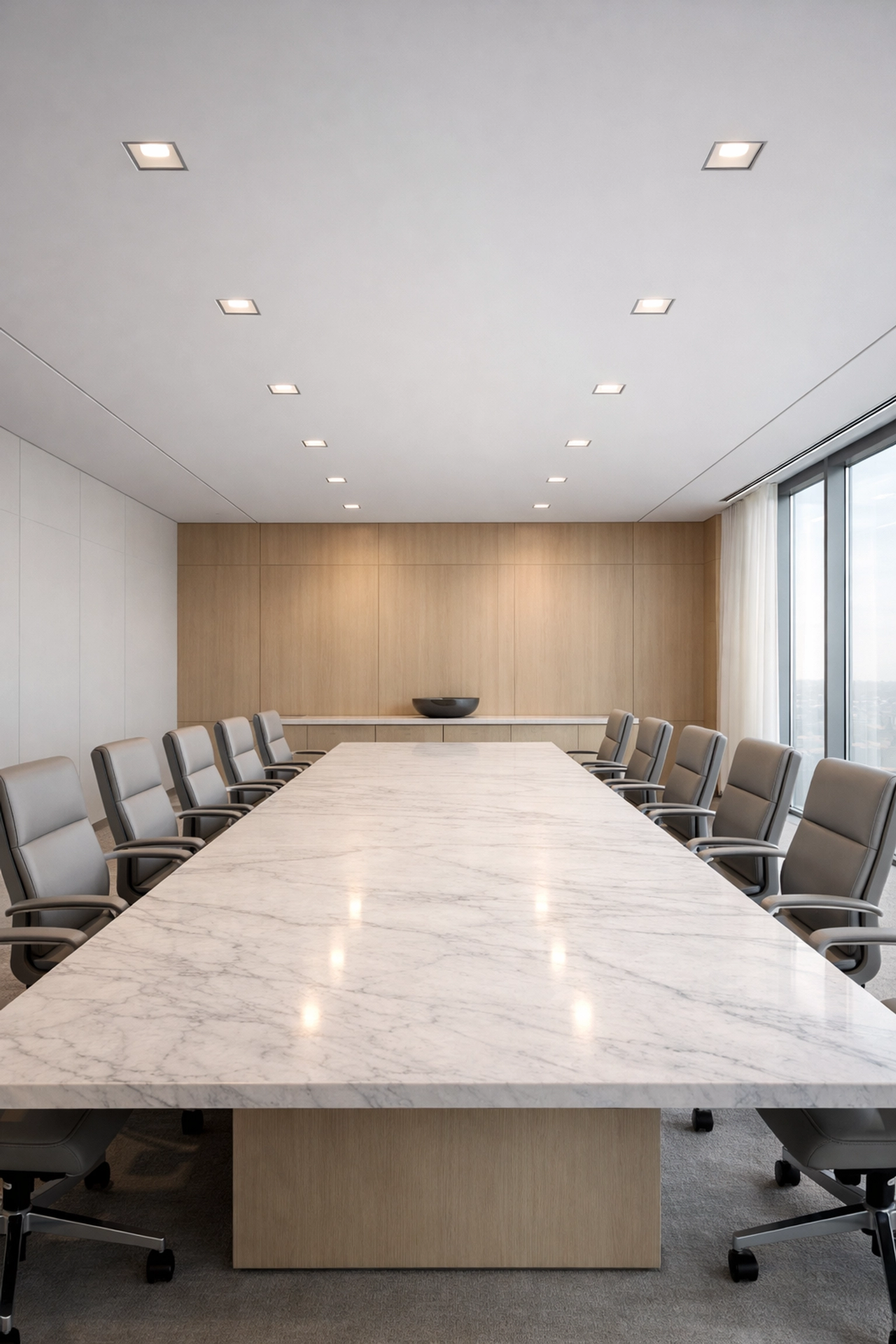 Modern boardroom featuring recessed square LED downlights for glare-free architectural lighting.