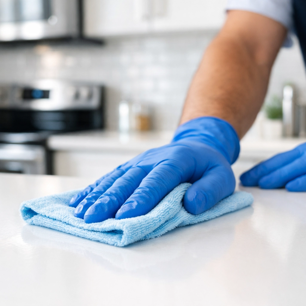 Professional cleaner performing make-ready kitchen cleaning for apartment turnover