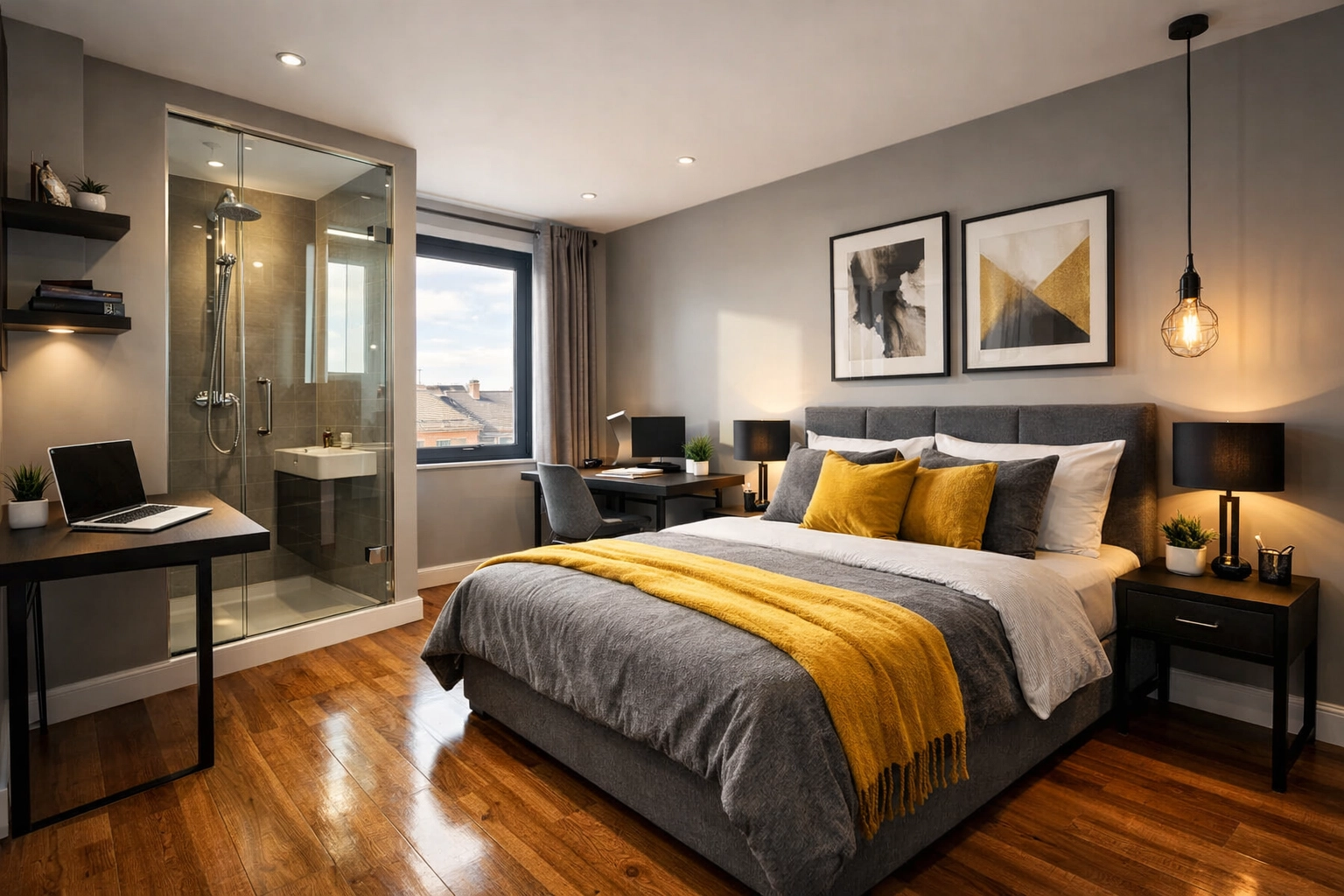 Modern high-end HMO bedroom with a dedicated workspace and en-suite bathroom for young professionals.