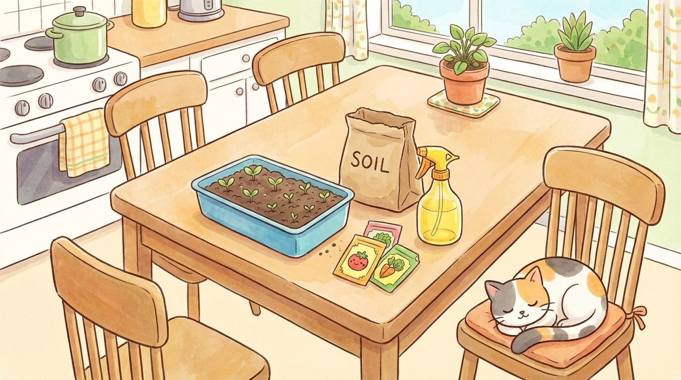 Cartoon illustration of supplies for growing microgreens indoors with kids, including soil, seeds, and containers on a kitchen table.