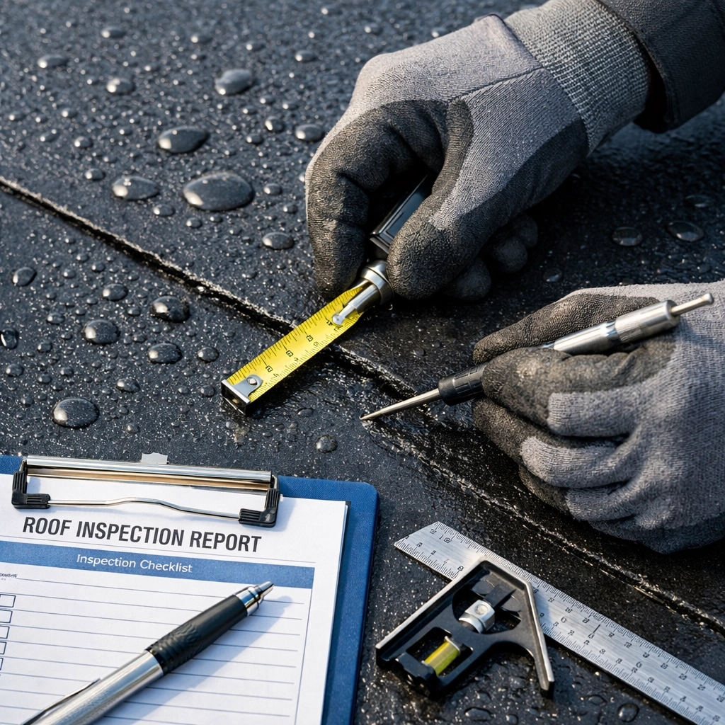 Professional EPDM roof inspection with tools showing waterproof rubber membrane