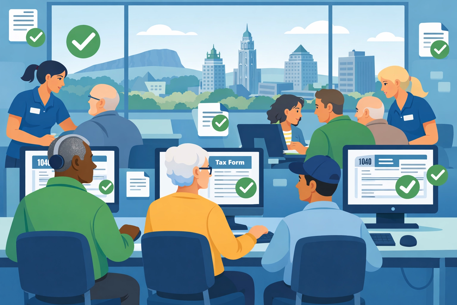 Taxpayers using IRS Free File guided software at community center in New Haven