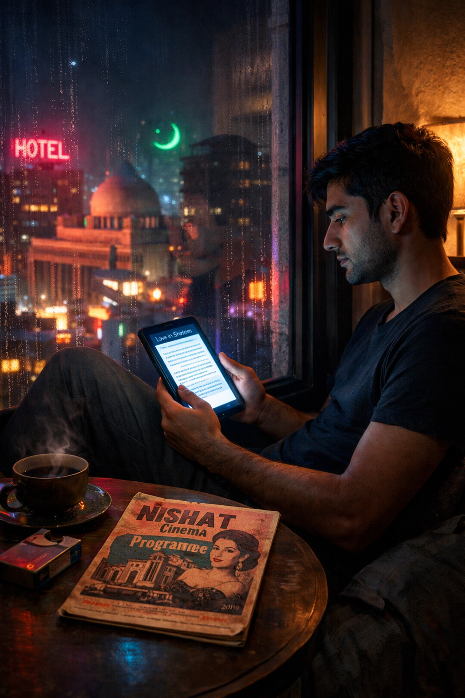 Young South Asian man reading an LGBTQ+ ebook in a modern Karachi apartment.