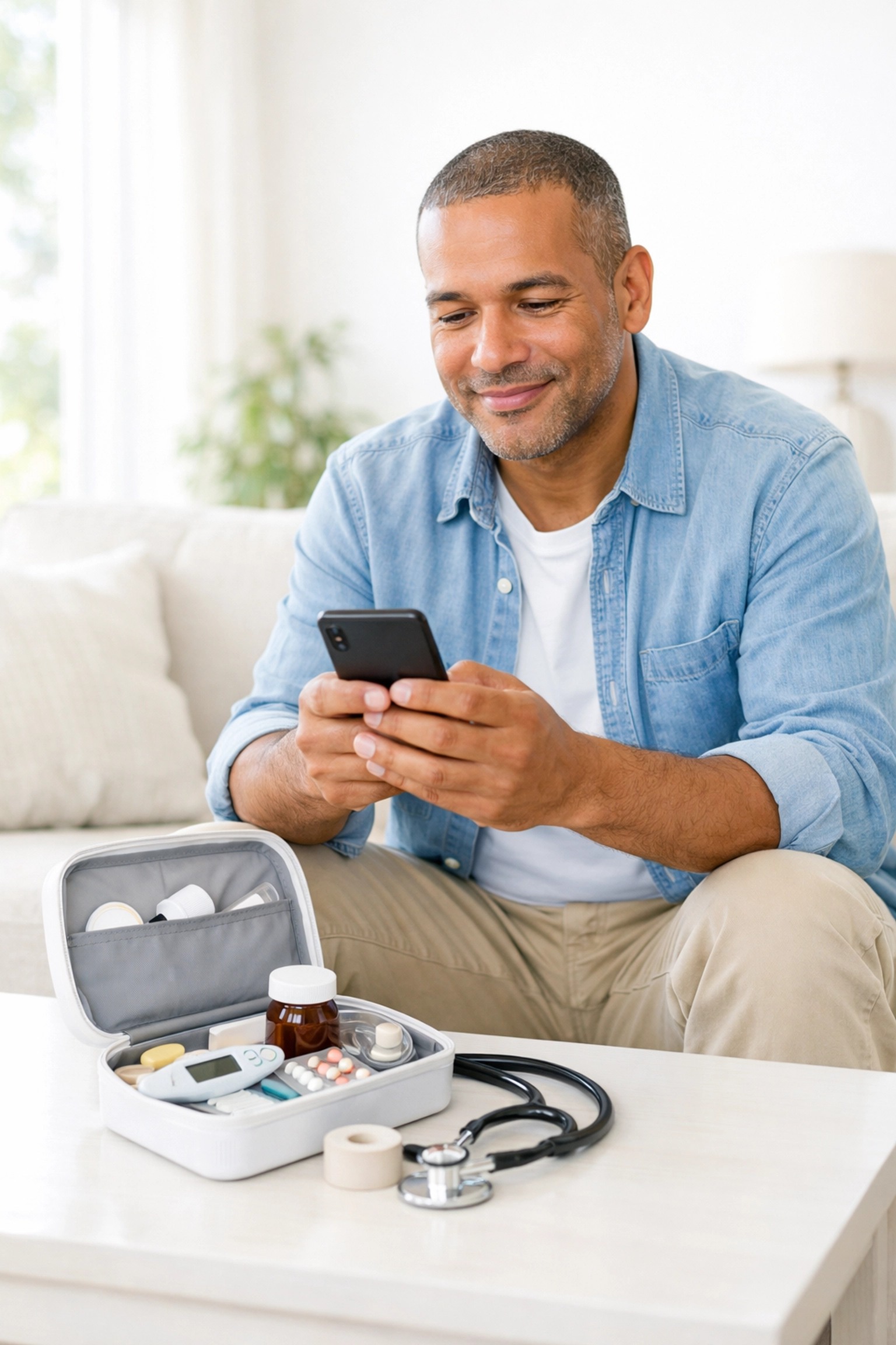Patient using a smartphone for a telehealth consultation about Wegovy alternatives and medical kits.