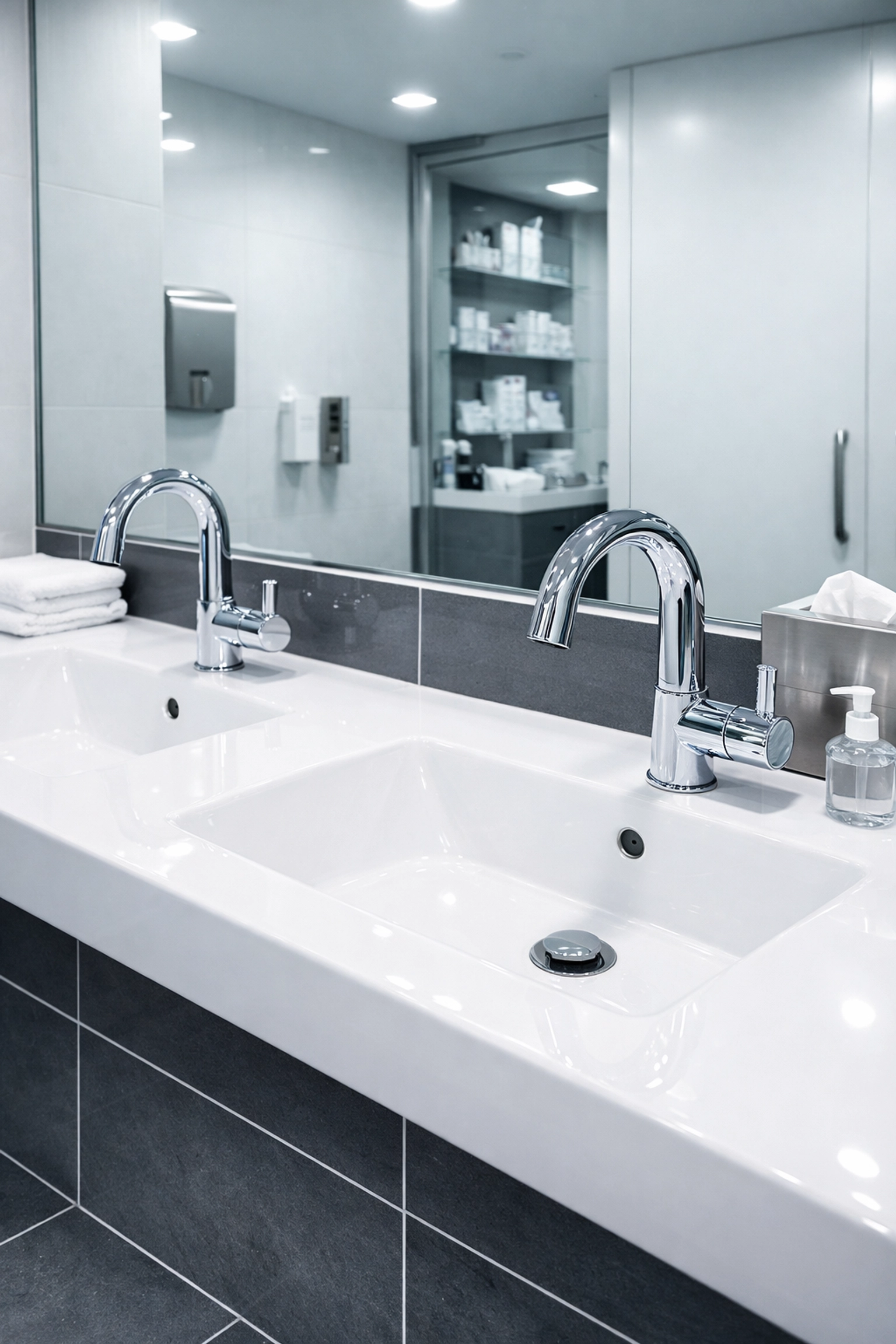 Spotless medical office restroom with disinfected sink and grout, healthcare-level cleaning in Orlando
