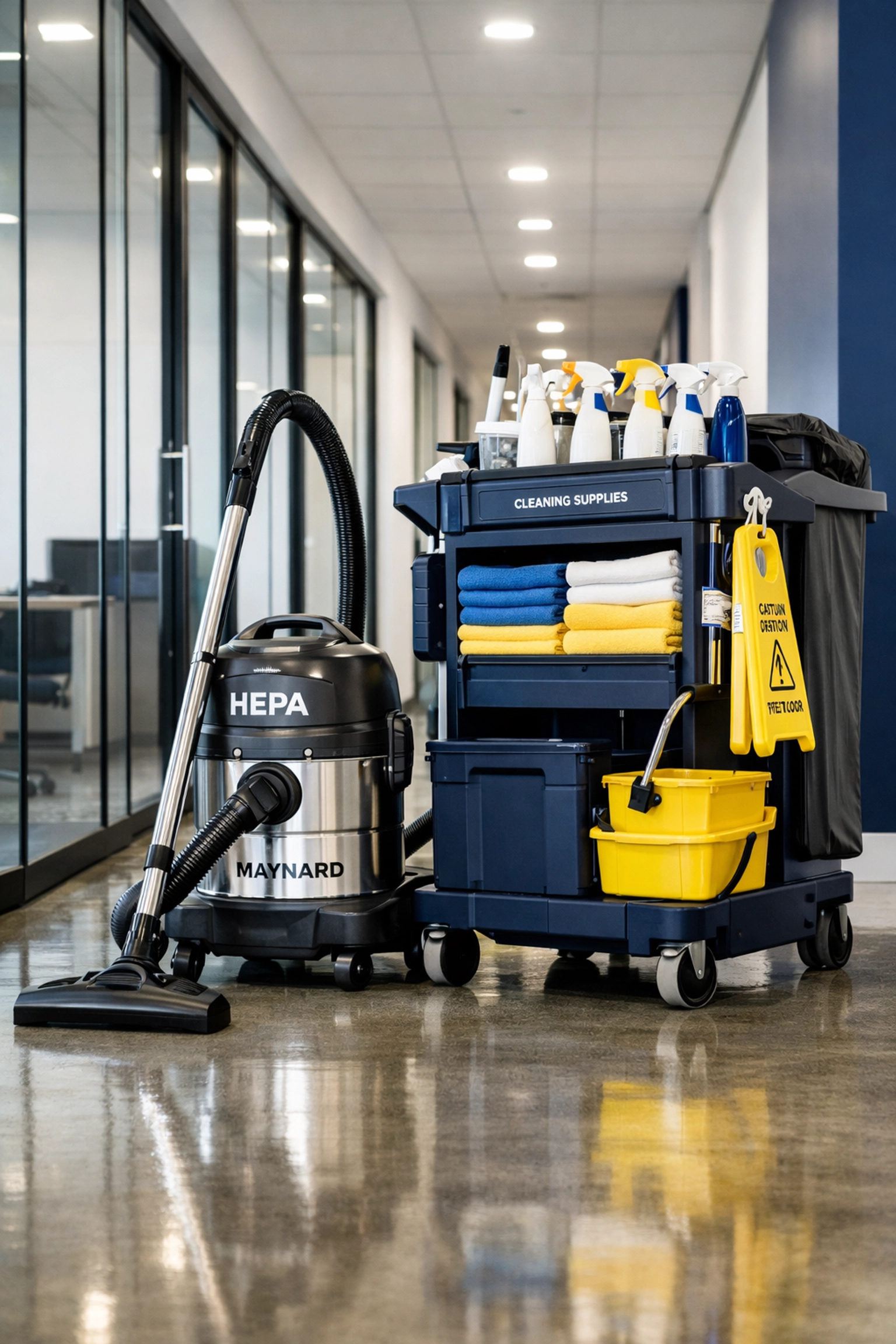 High-end commercial cleaning Maynard equipment including HEPA vacuum in a clean office hallway.