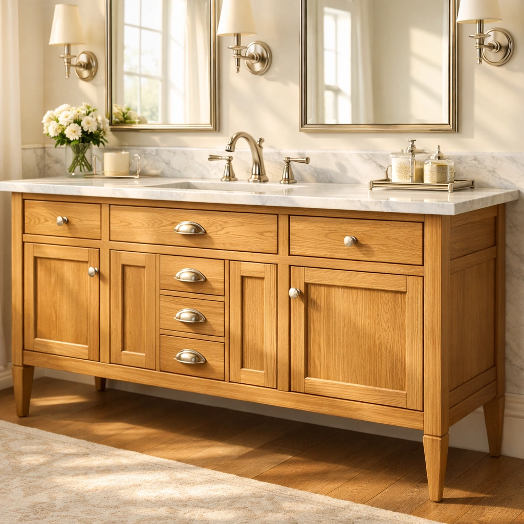 Custom white oak furniture-style bathroom vanity with tapered legs and shaker doors.