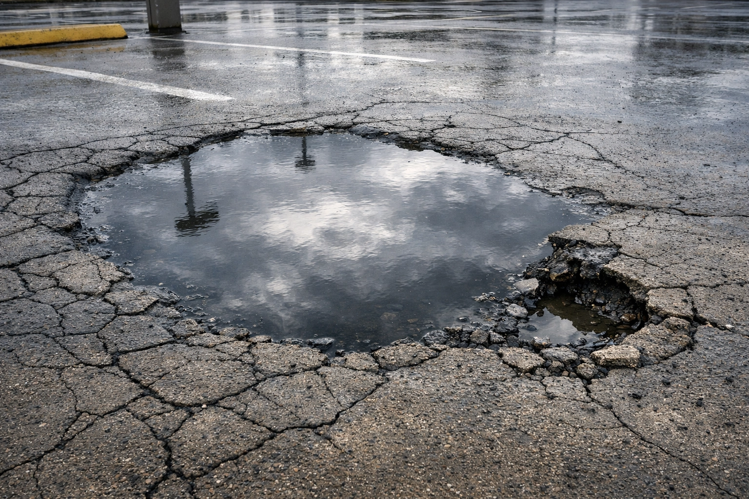 Standing water and alligator cracking in a parking lot needing professional concrete repair.