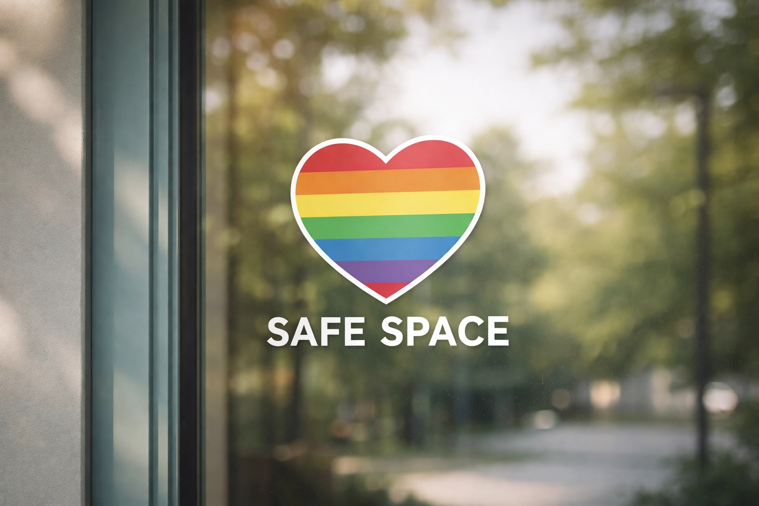 High-detail shot of a 'Safe Space' rainbow heart decal on a glass door, with a soft reflection of trees in the background.