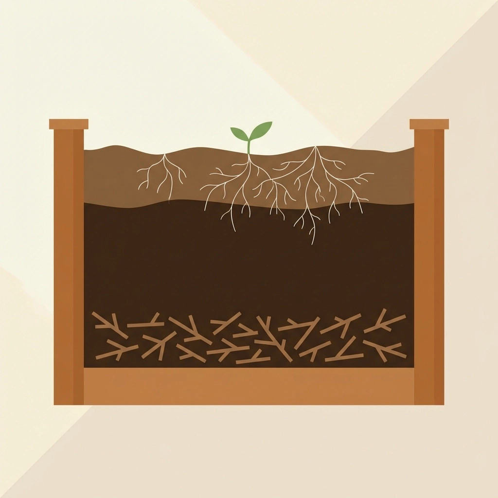 Cross-section illustration of a raised garden bed showing ideal soil layers for growing tomatoes with kids.