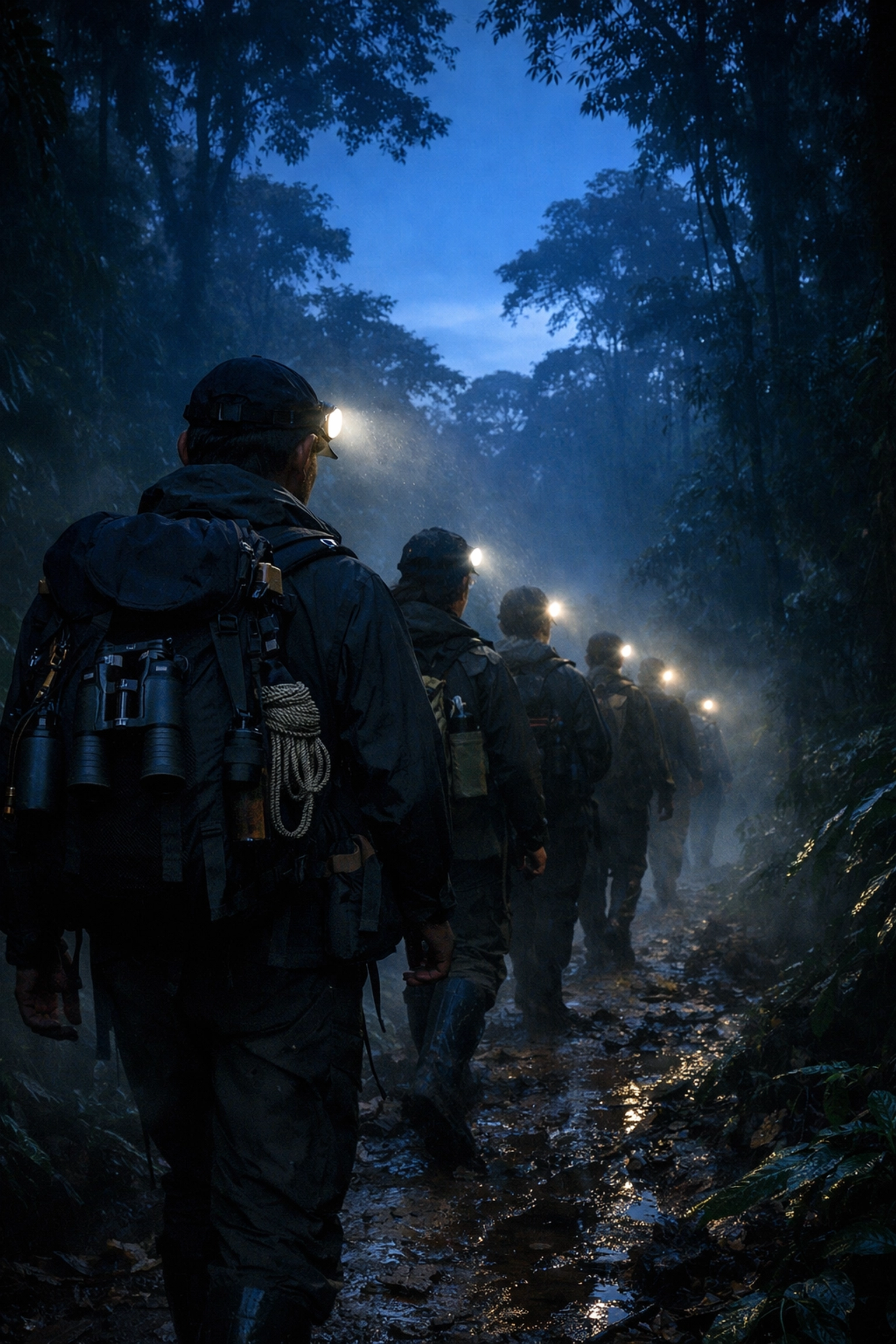 Student research group hiking rainforest trail during field expedition in Peru