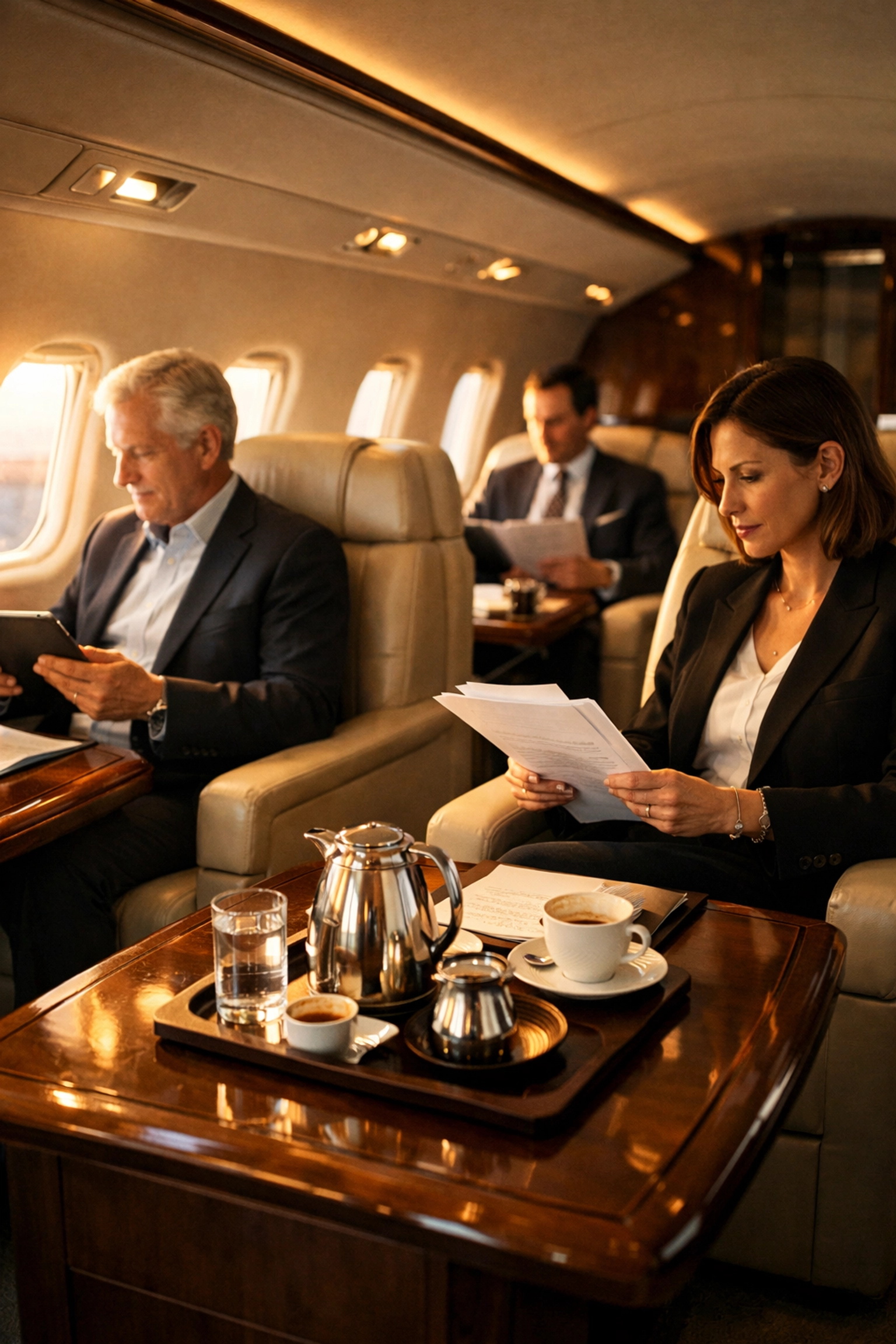 Press Release Luxury private jet cabin interior with executives during seamless business travel departure