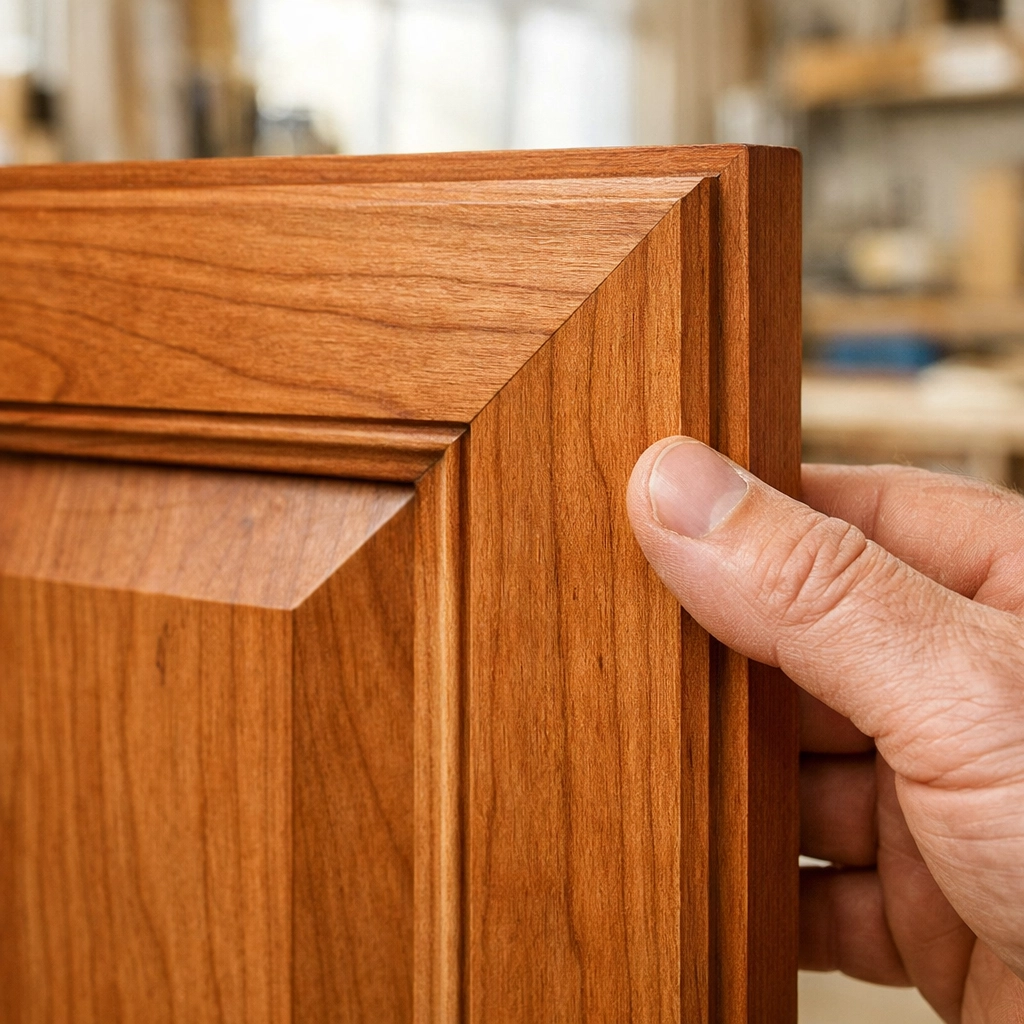 Hand-finished solid wood cabinetry details crafted for a custom Minnesota kitchen.
