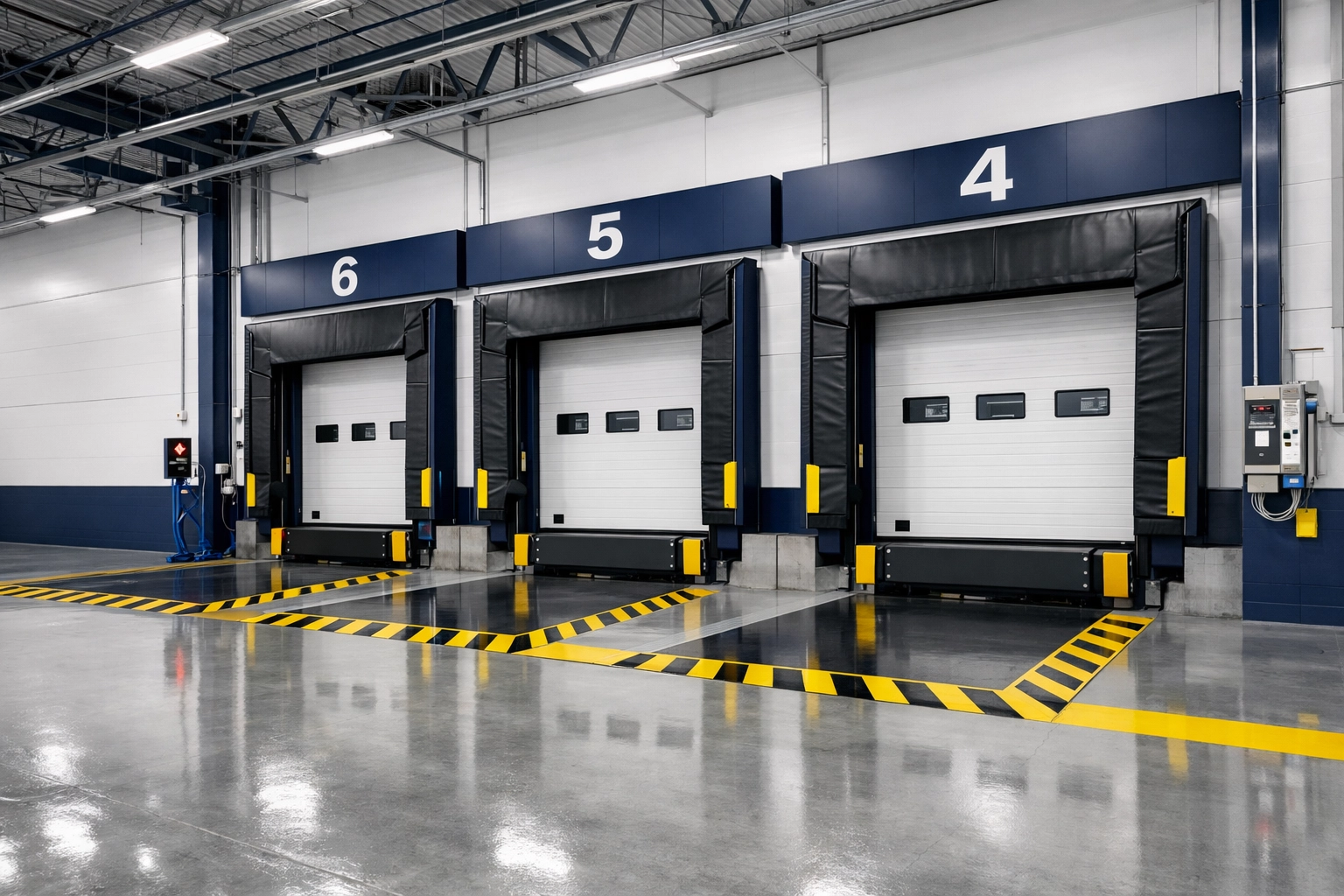 Spotless commercial warehouse loading dock with safety markings after professional maintenance.