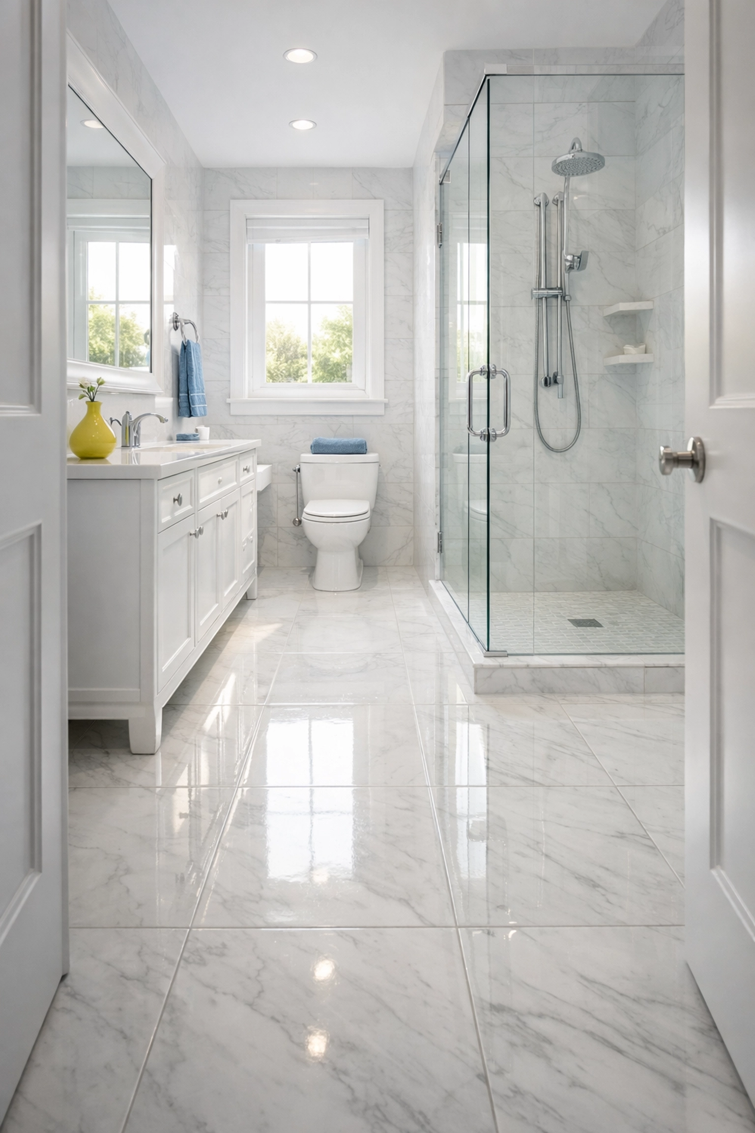 Spotless and dry bathroom floor in a Leominster home, promoting safety and preventing senior falls.