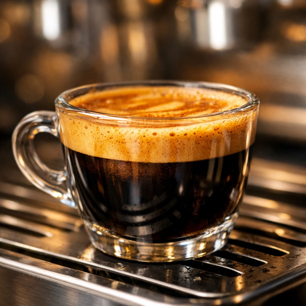 Double espresso shot with thick crema in a glass on a drip tray, showing espresso extraction at home