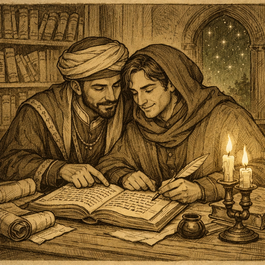 Medieval scholars studying royal archives and love letters documenting LGBTQ+ mentorship and romance