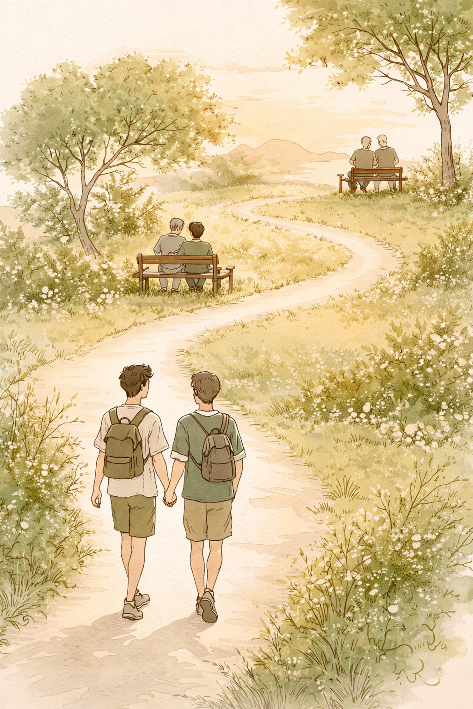 Illustration of a male couple journeying through life’s stages together in nature, reflecting lifelong naturist partnership.