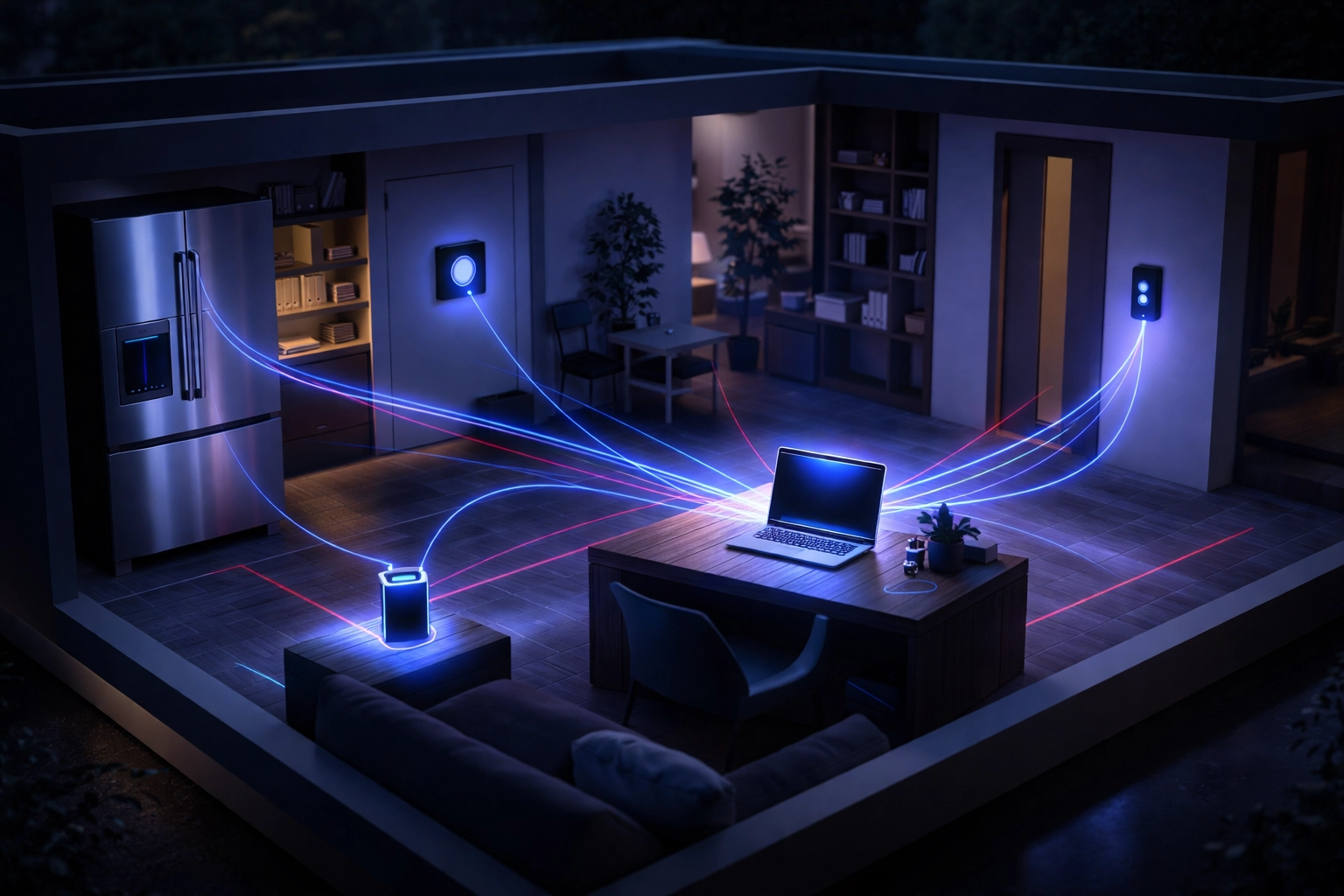 Smart home IoT devices like refrigerators, thermostats, and cameras all connected to an executive's laptop, highlighting network cybersecurity risks for business leaders.