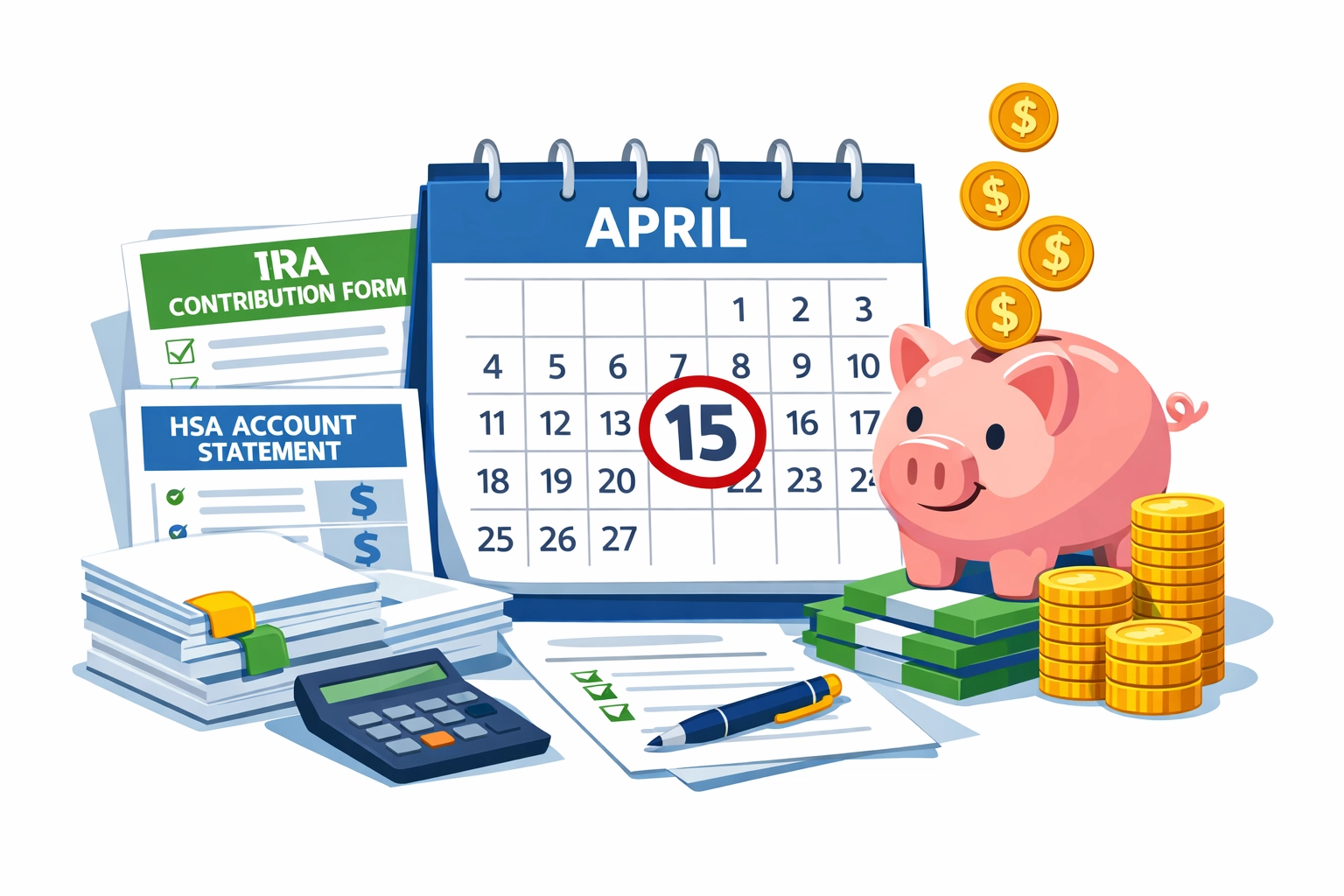 Tax deadline calendar with IRA and HSA contribution documents for strategic tax planning