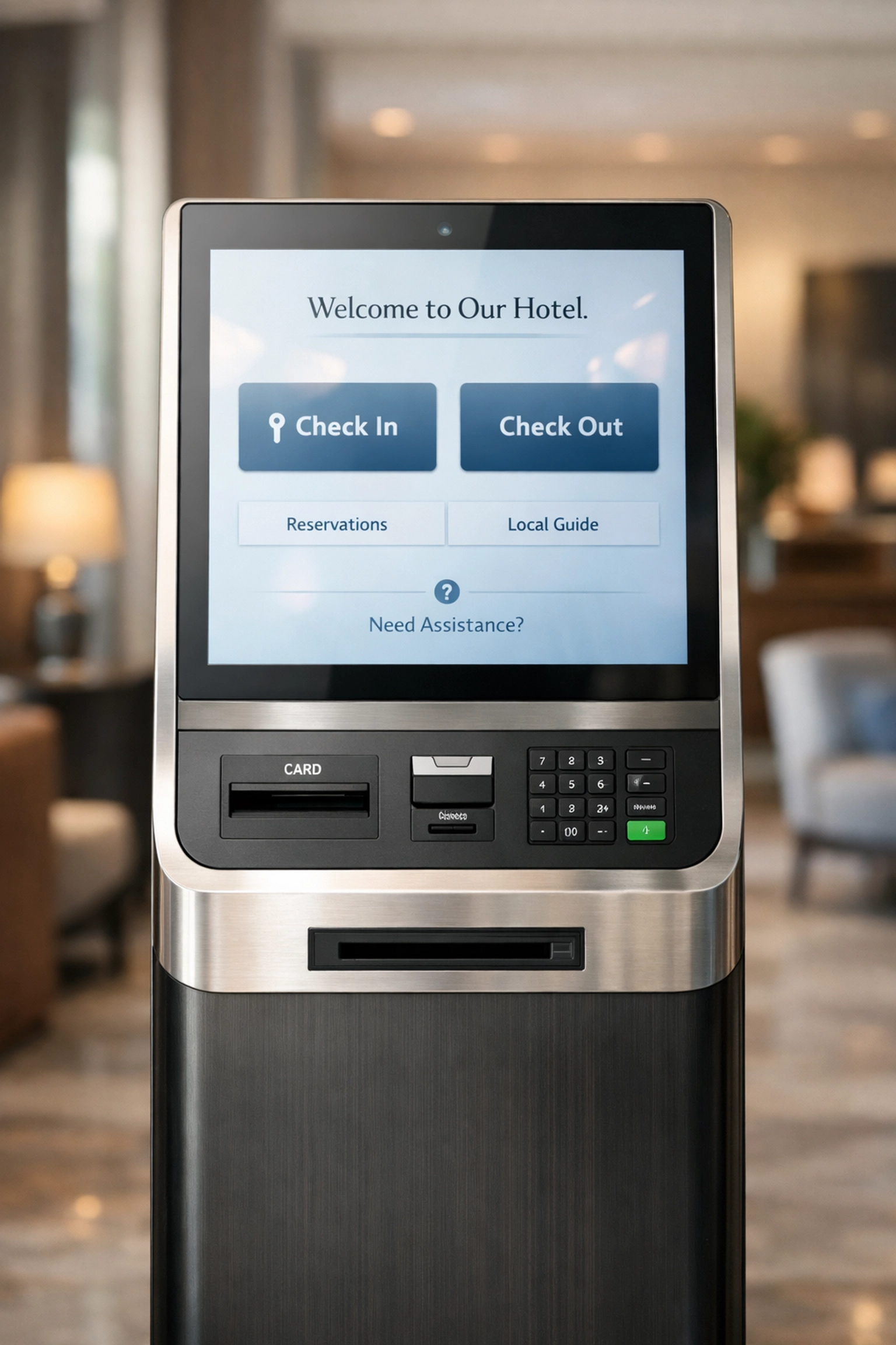Self-check-in kiosk terminal with touchscreen interface in contemporary hotel lobby
