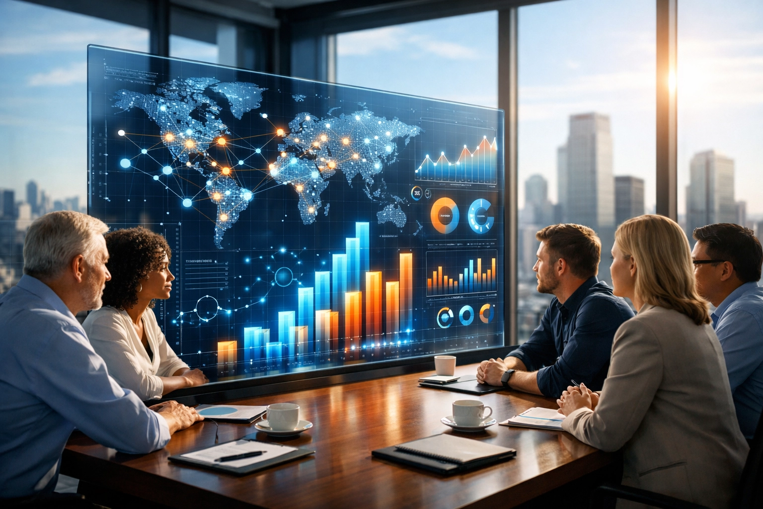 Marketing executives analyzing Super Bowl NIL analytics and athlete data for brand ROI in a modern office.