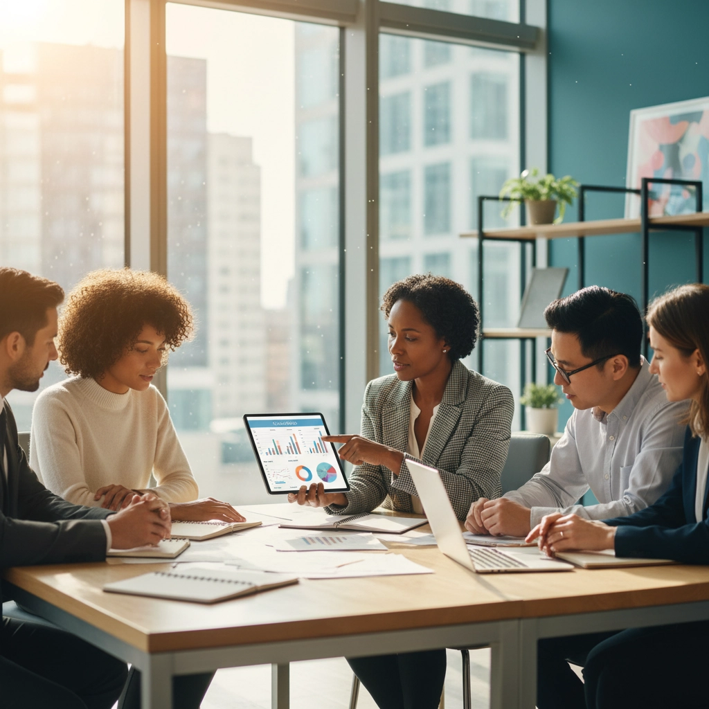 Diverse business team meeting, woman pointing to financial charts on a tablet in a bright office.