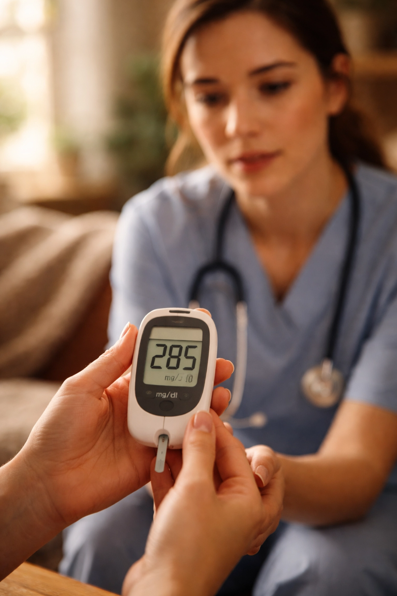 Close-up of nurse's hands holding a glucometer showing high blood sugar, with a caring professional in the background, highlighting urgent medical advocacy for diabetes management at home.