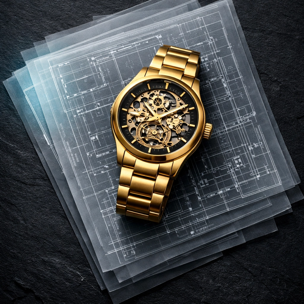 A luxury gold watch on blueprints representing the high value of an entrepreneur's time