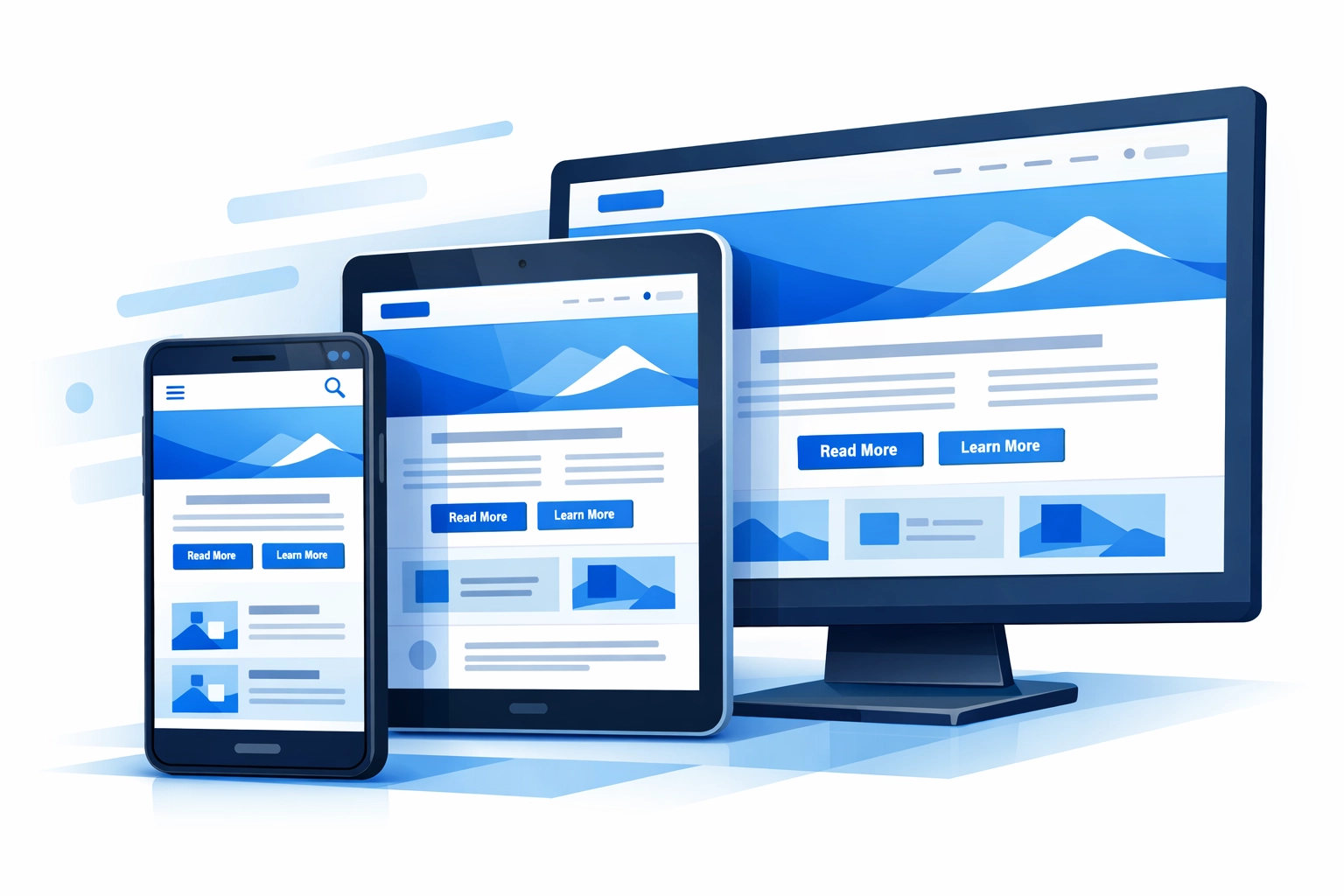 Responsive web design displayed across mobile phone, tablet and desktop devices