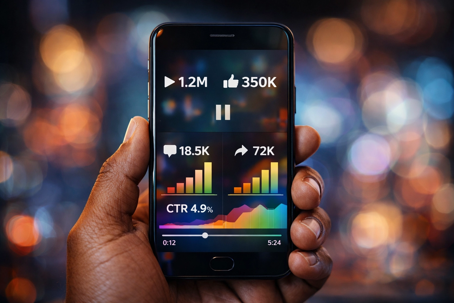 Smartphone displaying video marketing engagement metrics and performance analytics