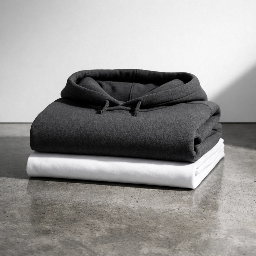 Stacked premium charcoal hoodie and white t-shirt representing custom apparel with no minimums.