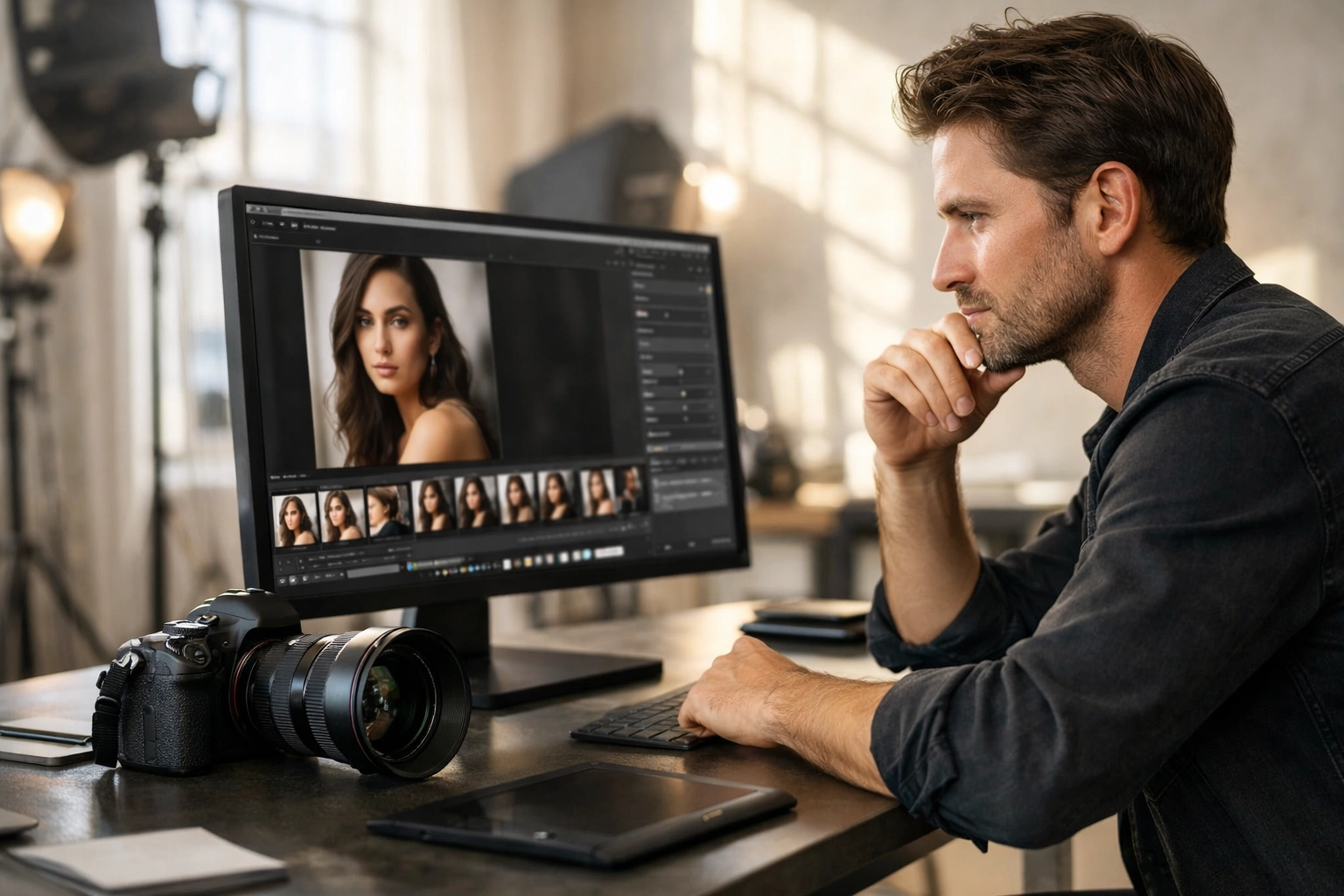 Professional photographer reviewing high-quality work in a modern photography studio.