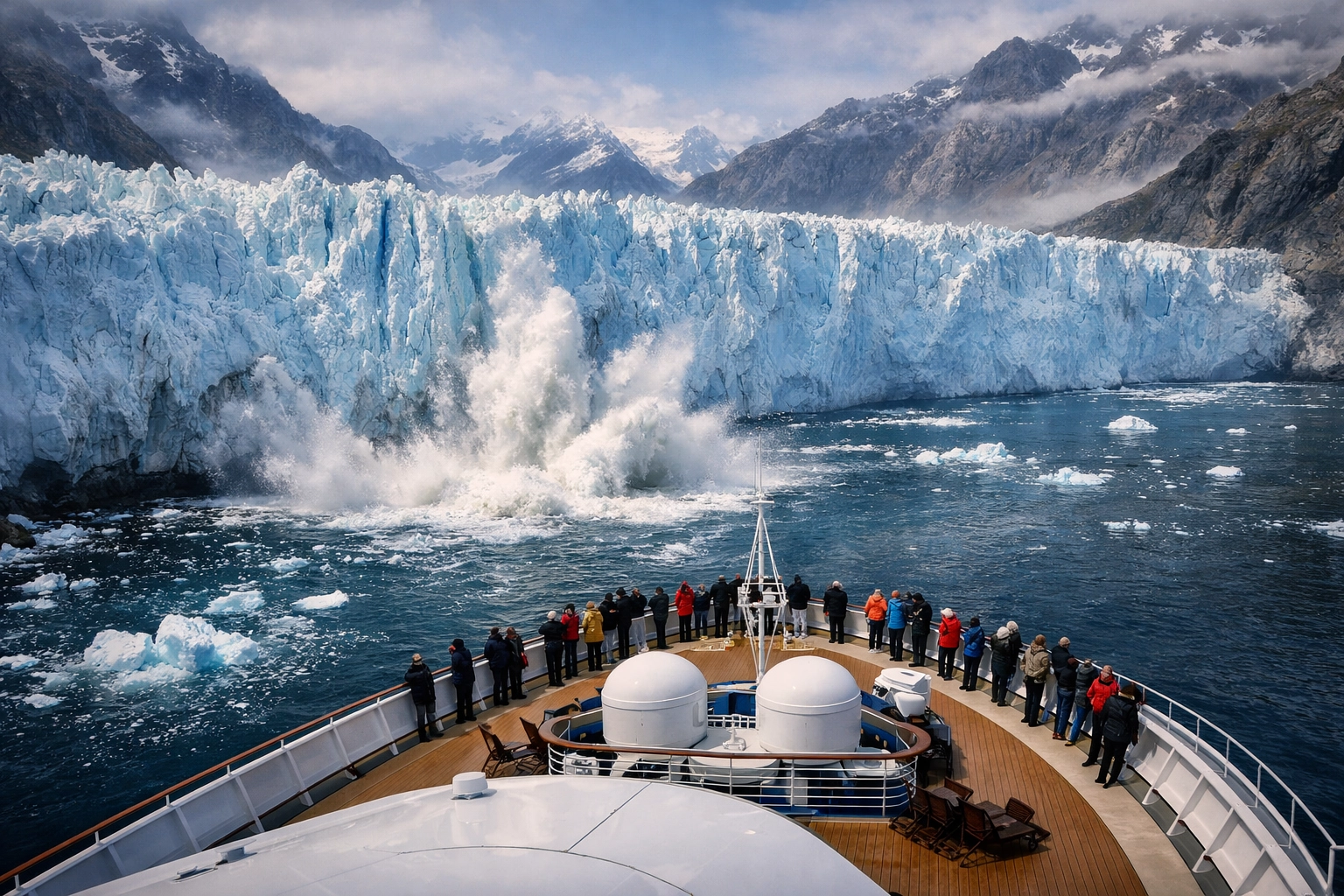 Glacier calving into the sea at Glacier Bay National Park viewed from luxury cruise ship